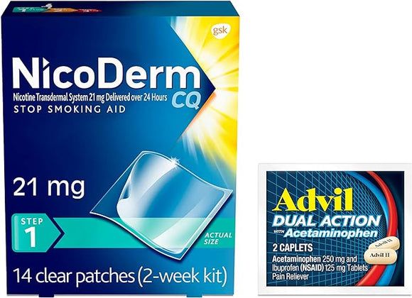 NicoDerm CQ Step 1 Nicotine Patches to Quit Smoking - 21 mg, Stop Smoking Aid, 14 Count (2-Week Kit) Plus Advil Dual Action Coated Caplets with Acetaminophen, 2 Count